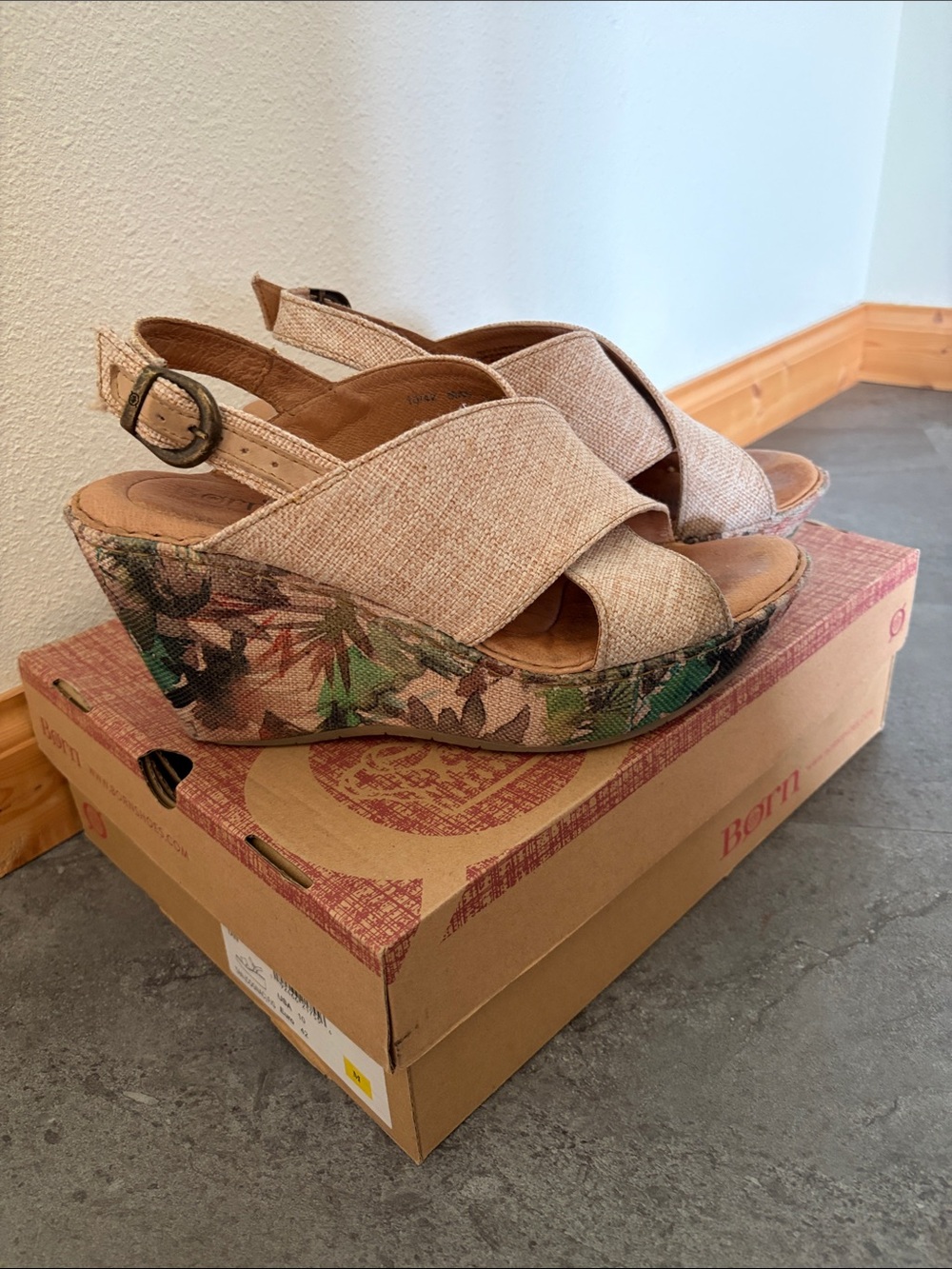 Born Wedge Beige Linen Crisscross Wedge Sandals with Floral Print Heel